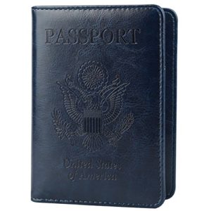 GDTK Leather Passport Holder Cover Case RFID Blocking Travel Wallet (Dark Blue)