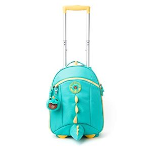 Children’s rolling backpack featuring Dino BROWN character design, smooth wheels, and lightweight polyester material in emerald green. 