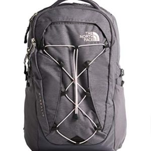 The North Face Women’s Borealis Backpack in Rabbit Grey Light Heather and Pink Salt, featuring a women-specific suspension system and ample storage space. 