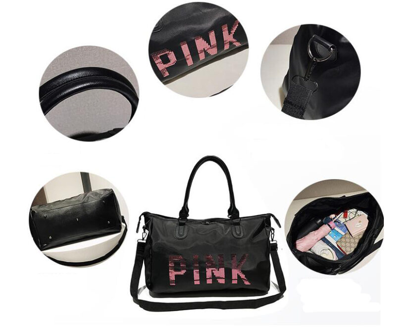 18 Ladies Black Travel Bag Pink Sequins Shoulder Bag 18 Wobag Ladies Black Travel Bag Pink Sequins Shoulder Bag Women Handbag Ladies Weekend Portable Duffel Bag Waterproof Wash