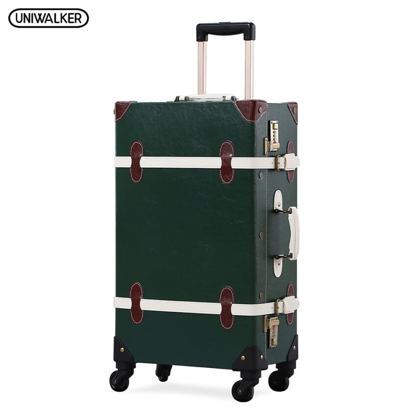 UNIWALKER PU Leather Dark Green Retro Rolling Luggage