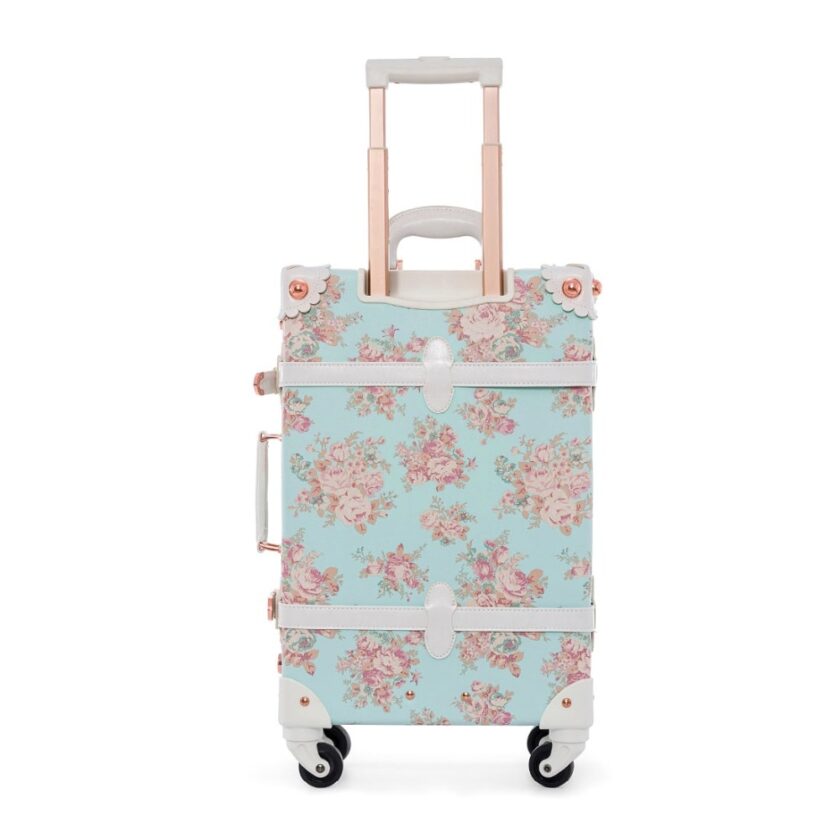 22" 24" Spinner Wheels Retro Pu Leather Blue Floral Suitcase - Image 3