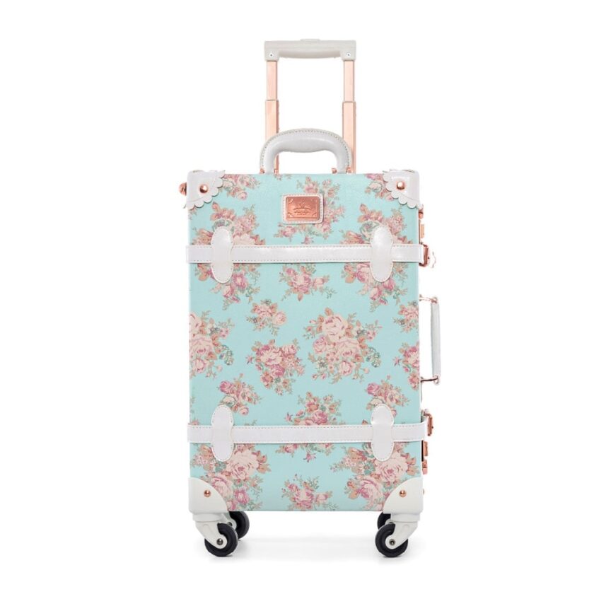 22" 24" Spinner Wheels Retro Pu Leather Blue Floral Suitcase - Image 2