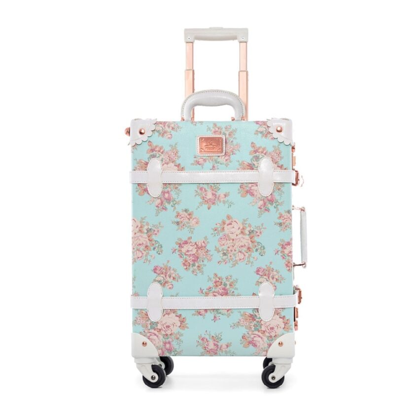 22" 24" Spinner Wheels Retro Pu Leather Blue Floral Suitcase Don't get misplaced in a sea of black boring baggage on the airport!