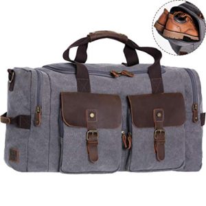 WOWBOX Duffel Bag Canvas Genuine Leather Weekend Bag for Men and Women Oversized Travel Gym Carry On Bag Tote Luggage Grey