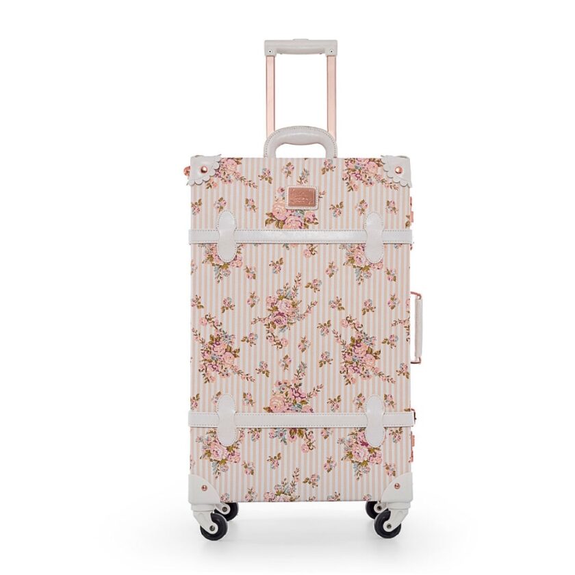 22" 24" 26" Spinner Wheels Retro Pu Leather Floral Suitcase