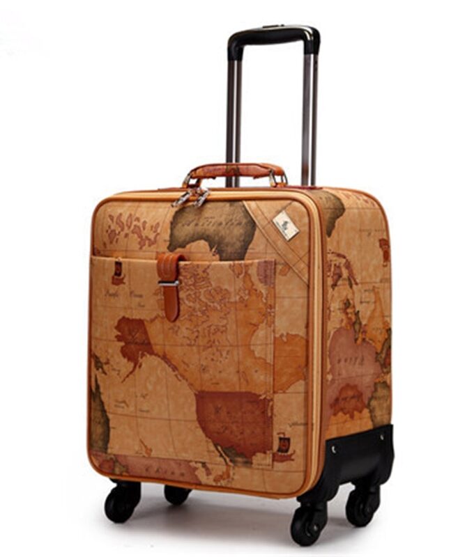 1pc 16 18 inch Map Printing Suitcase on Wheels Leather Travel Bag