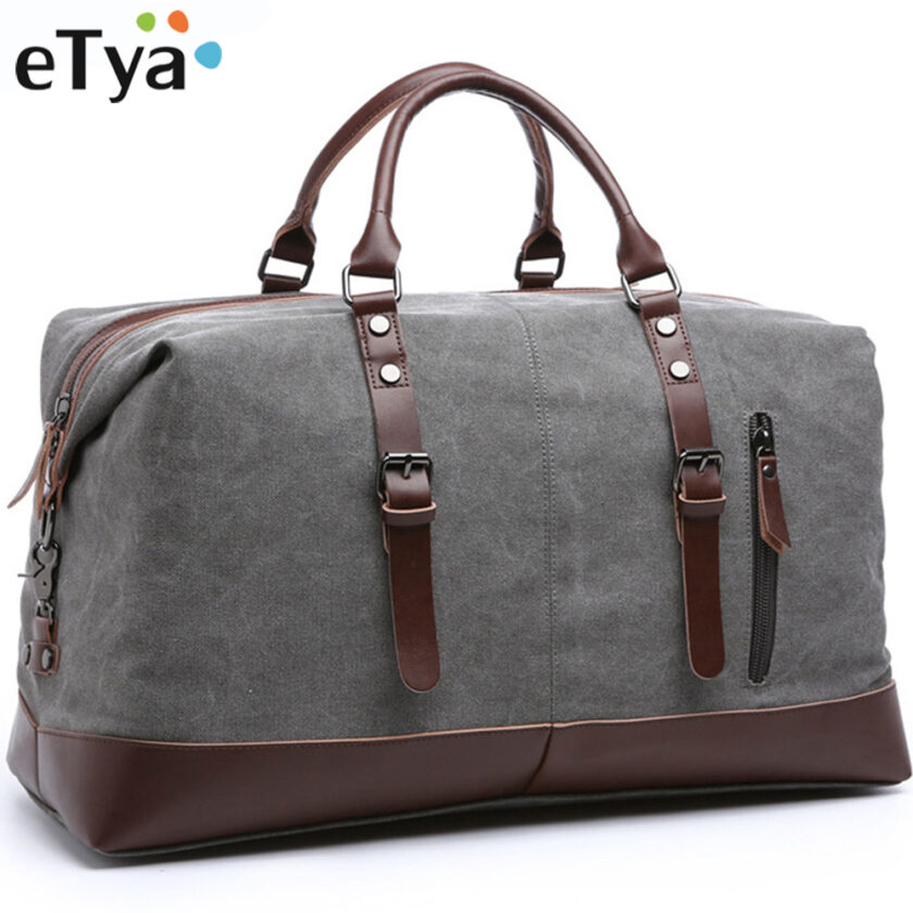 eTya Canvas Leather Men Travel Bags Carry on Luggage Storage