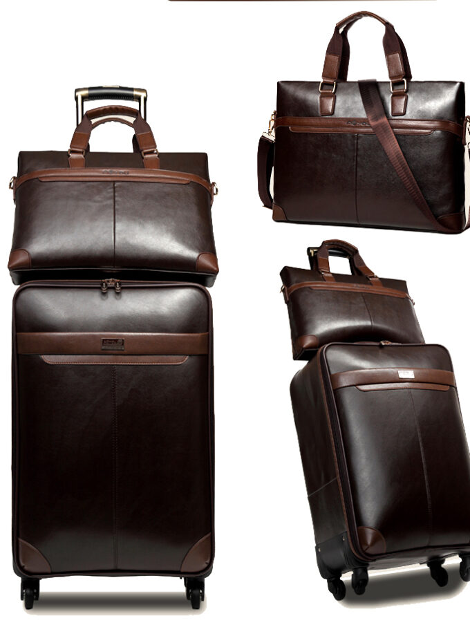 Letrend Men Business PU Leather Rolling Luggage Set Spinner