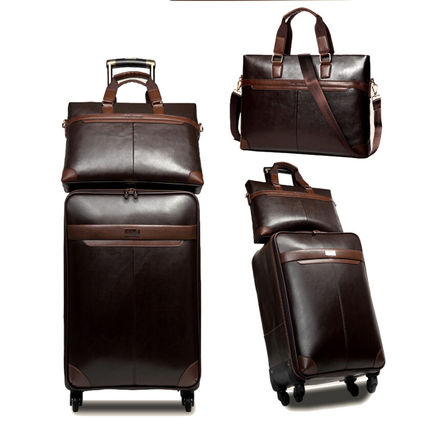Letrend Men Business PU Leather Rolling Luggage Set Spinner