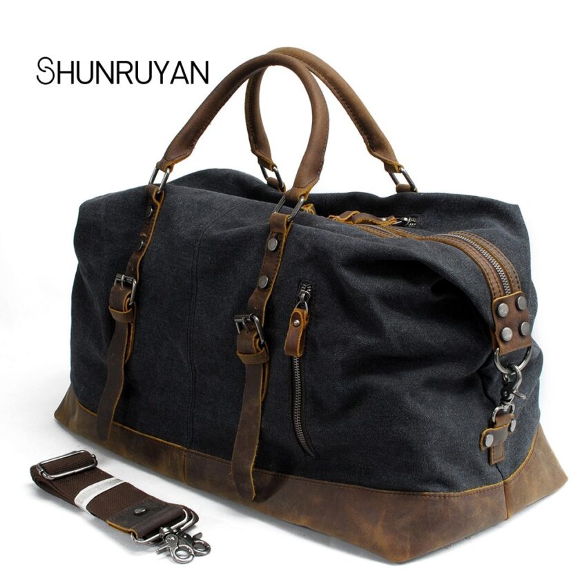 SHUNRUYAN Canvas Cow Leather Men Travel Bags Carry on Luggage