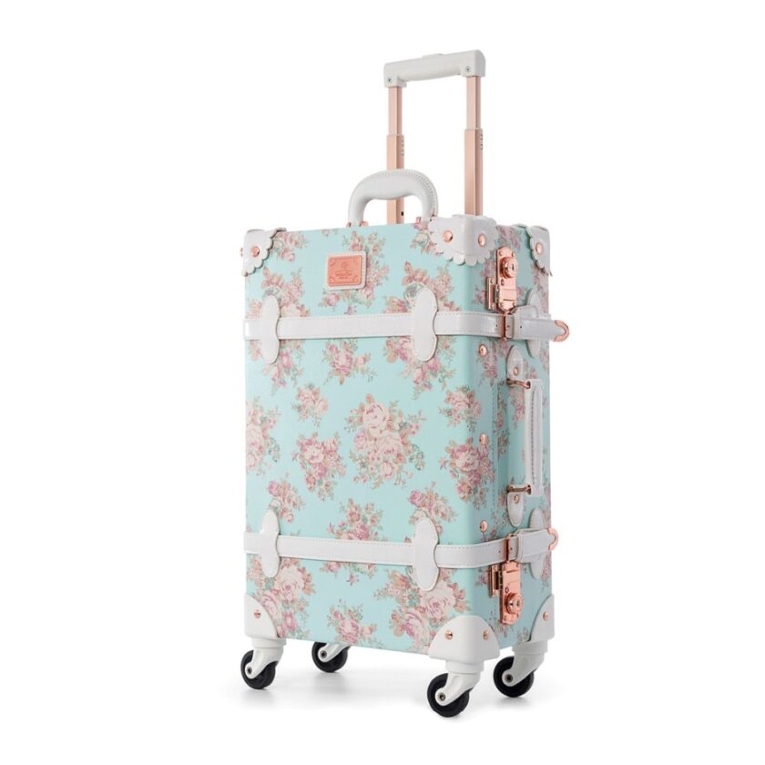 22" 24" Spinner Wheels Retro Pu Leather Blue Floral Suitcase
