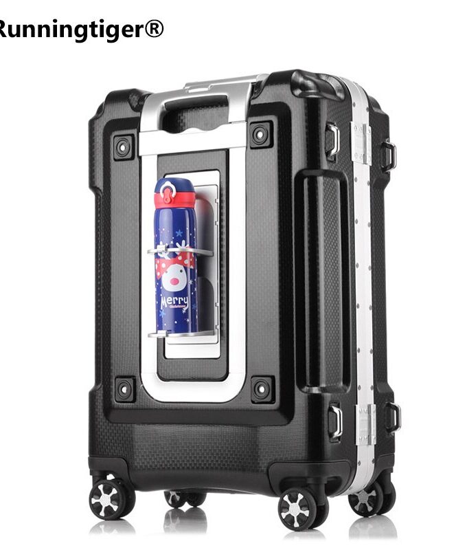 Metal frame suitcase carry cup holder luggage rolling