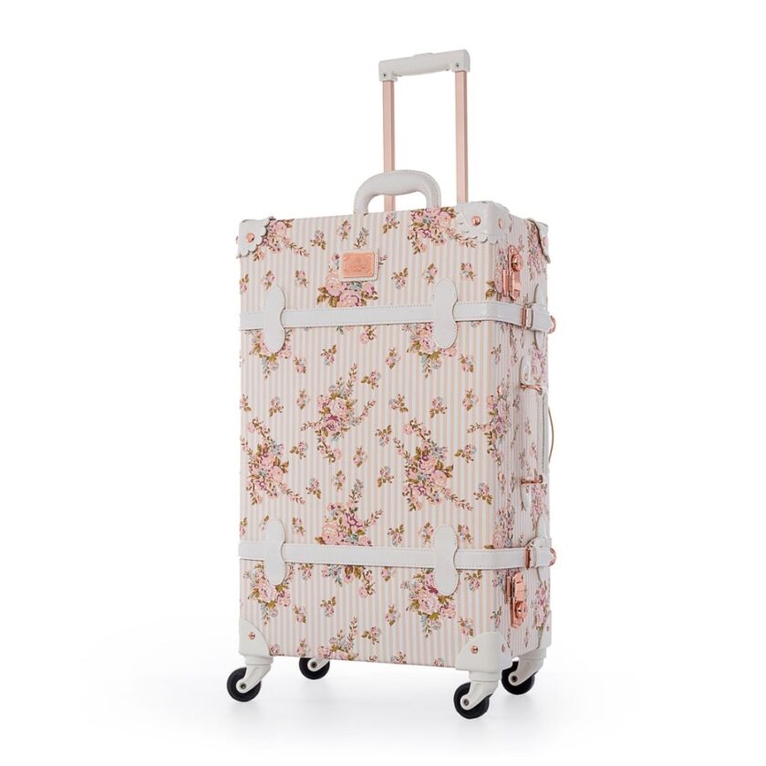 22" 24" 26" Spinner Wheels Retro Pu Leather Floral Suitcase