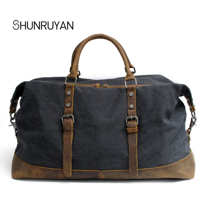 SHUNRUYAN Canvas Cow Leather Men Travel Bags Carry on Luggage