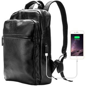 Leather 14" Laptop Backpack USB Charging Port Casual Daypack