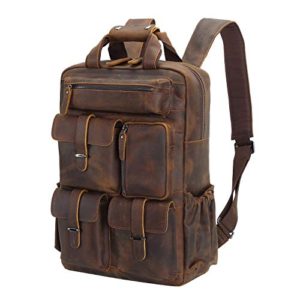 Polare Full Grain Leather Laptop Backpack – Dark Brown with Multiple Pockets and Laptop Sleeve.