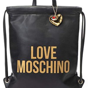 LOVE MOSCHINO Logo Print Drawstring Flat Backpack, Black W Gold