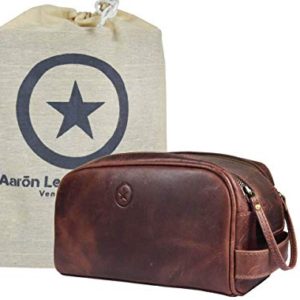 10" Premium Leather Toiletry Travel Pouch With Waterproof Lining
