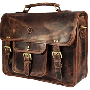 15 inch Vintage Leather Messenger Satchel Bag | Briefcase Laptop Messenger Bag by Aaron Leather (Walnut Brown)