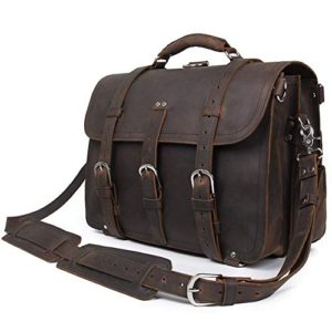 Polare Men's Full Grain Leather 16'' Briefcase Shoulder Messenger Bag Fit 15.6'' Laptop
