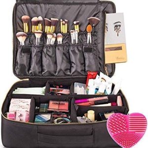 habe X Large Travel Makeup Bag - CRACK-PROOF Dividers – Ultra Big Professional Organizer Train Case Makeup Artists Bags for Women & Cosmetic Organizers Storage Box Cases w/BONUS Brush Cleaner