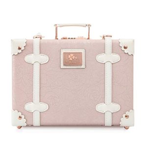 Women Pu Leather Cosmetic Case Vintage Carry On Luggage Make up Suitcase with Straps Elegant Pink 16"