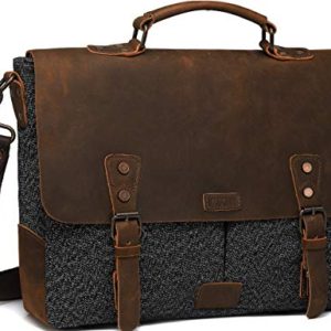 Messenger Bag for Men, Vaschy Vintage Leather Tweed Canvas Satchel 15.6inch Laptop Business Briefcase Crossbody Shoulder Bag with Detachable Strap Gray