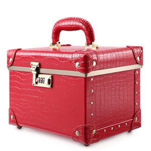 Portable Makeup Train Case Double Layer Cosmetic Bags Leather Toiletry Case for Women (15", Red Crocodile)