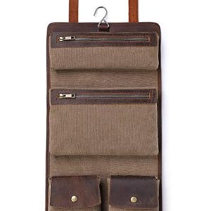 S-ZONE Men's Canvas & Genuine Buffalo Leather Hanging Toiletry Bag