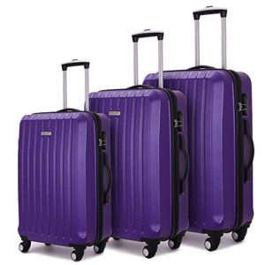 Luggage 3 Piece set ABS Hardshell with Spinner Durable and Lightweight 3 PC Suitcase sets 20 24 28 inch, Free Backpack Inside (Purple)