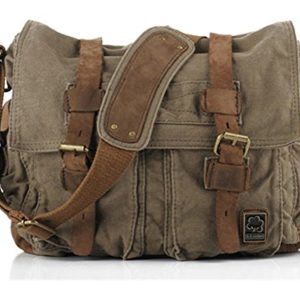 Sechunk Vintage Military Leather Canvas Laptop Bag