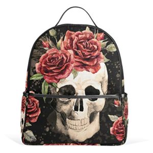 XMCL Casual Bag,Watercolor Gothic Skull Rose Shoulder Zipper Backpack