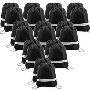 20 Pieces Black-Drawstring-Backpack-Bags in Bulk Reflective Sports Gym