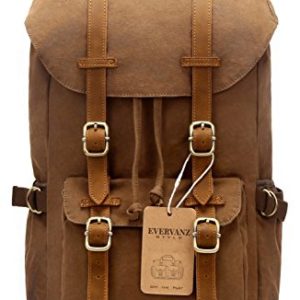 EverVanz Outdoor Canvas Leather Backpack, Travel Hiking Camping Rucksack Pack