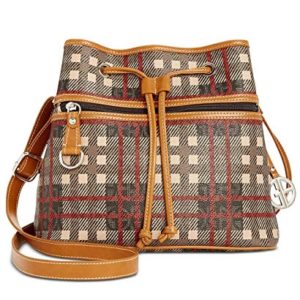 Giani Bernini Brown Plaid Logo Drawstring Bucket Bag