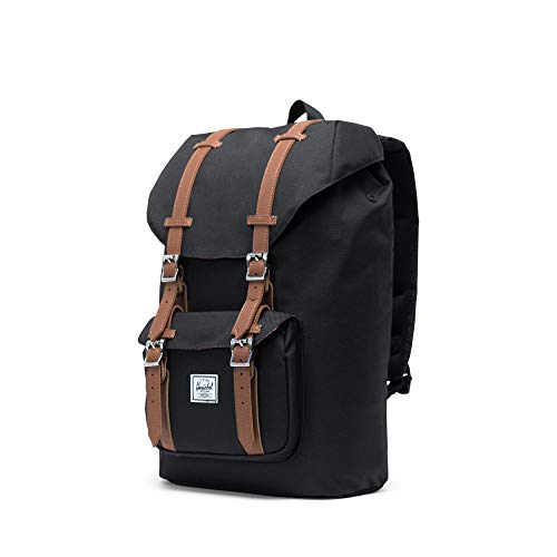 Herschel Little America Flapover Backpack, Black/Tan Synthetic Leather NEW