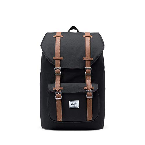 Herschel Little America Flapover Backpack, Black/Tan Synthetic Leather NEW