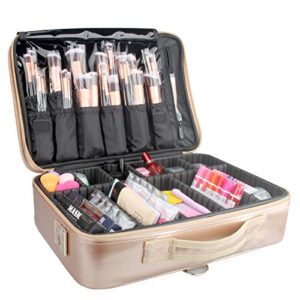Large Professional Makeup Train Case, Rose Gold Waterproof Travel Cosmetic Bag
