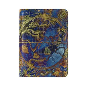 Vintage Blue World Map Genuine Leather Travel Passport Cover Holder Case