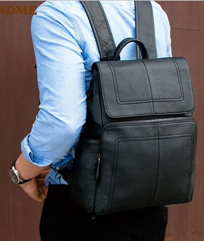 PNDME simple casual cowhide laptop backpack black