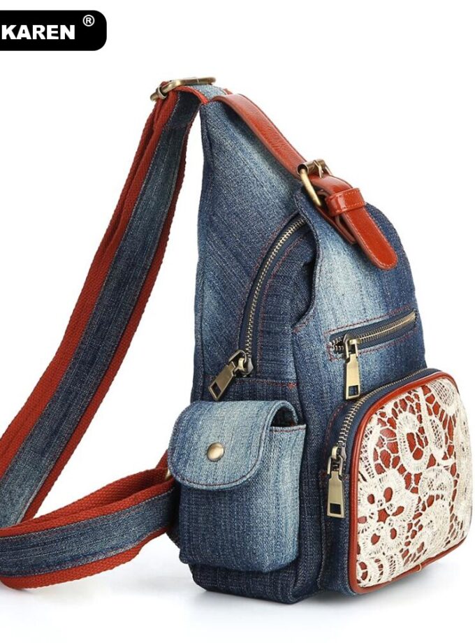 Vintage Floral Lace Sling Bags for Women Denim Chest