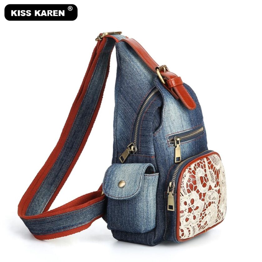 Vintage Floral Lace Sling Bags for Women Denim Chest - Image 2