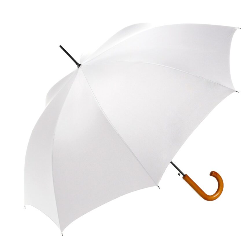 Traditional Stick Umbrella with Curved Wood Handle: White