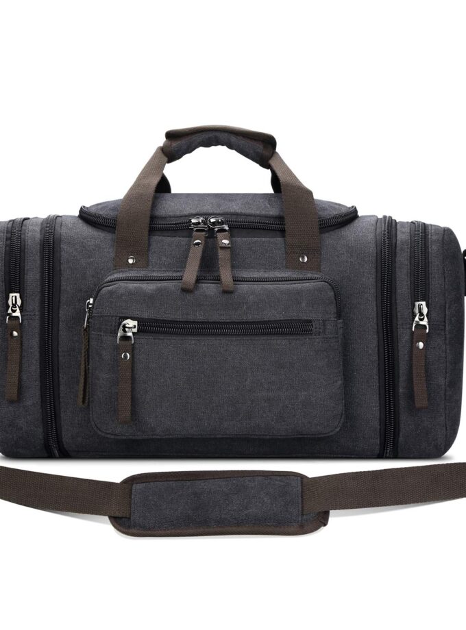 Black Travel Duffel Bag for Men Canvas Overnight Weekend Bag