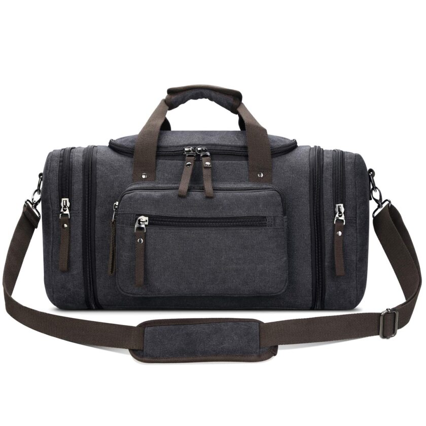 Black Travel Duffel Bag for Men Canvas Overnight Weekend Bag