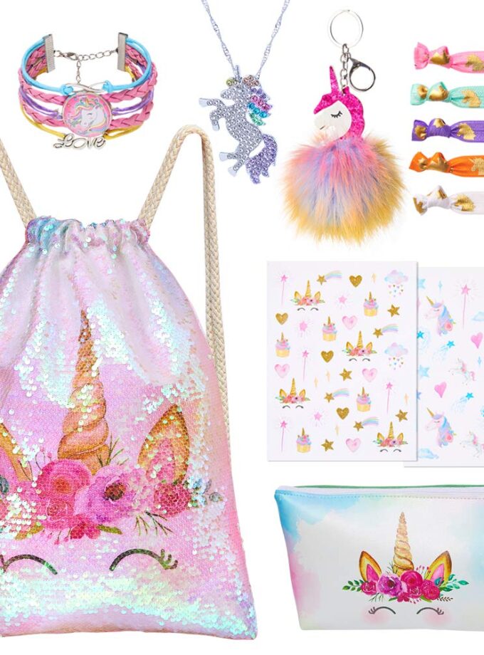 7 PCS Unicorn Gifts for Girls Sequin Drawstring Backpack