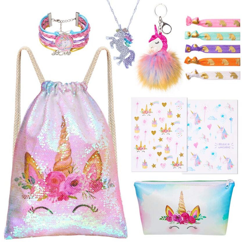 7 PCS Unicorn Gifts for Girls Sequin Drawstring Backpack