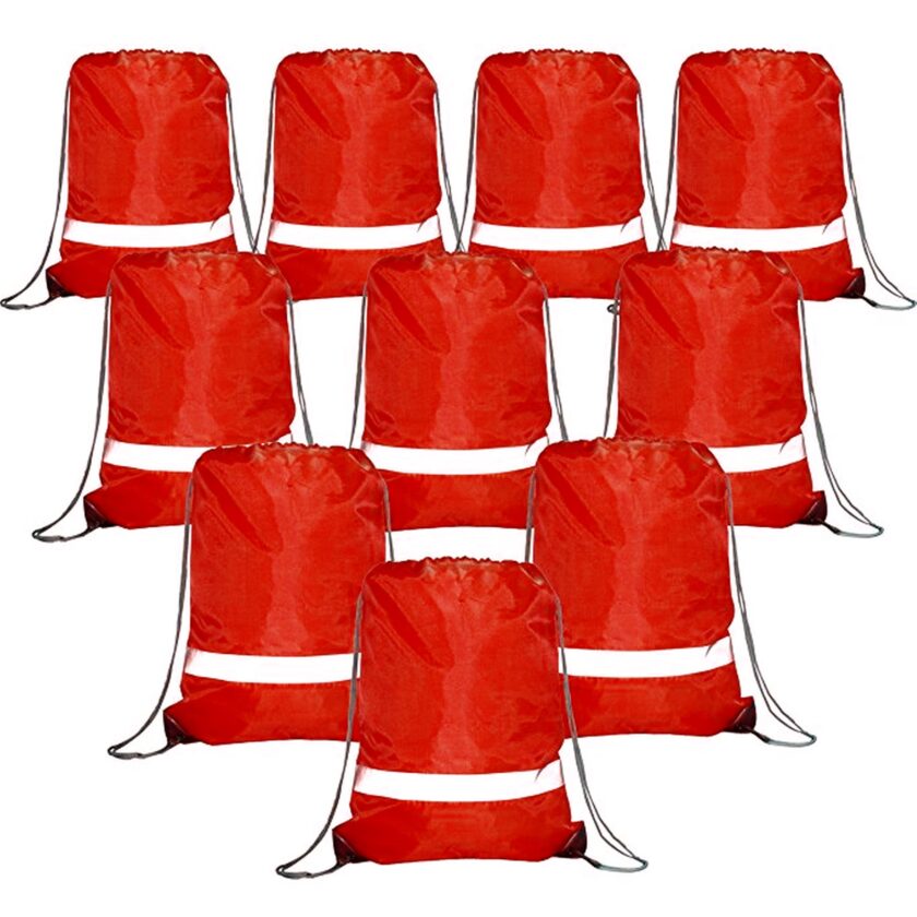 Red Drawstring Backpack Bags Reflective 10 Pack