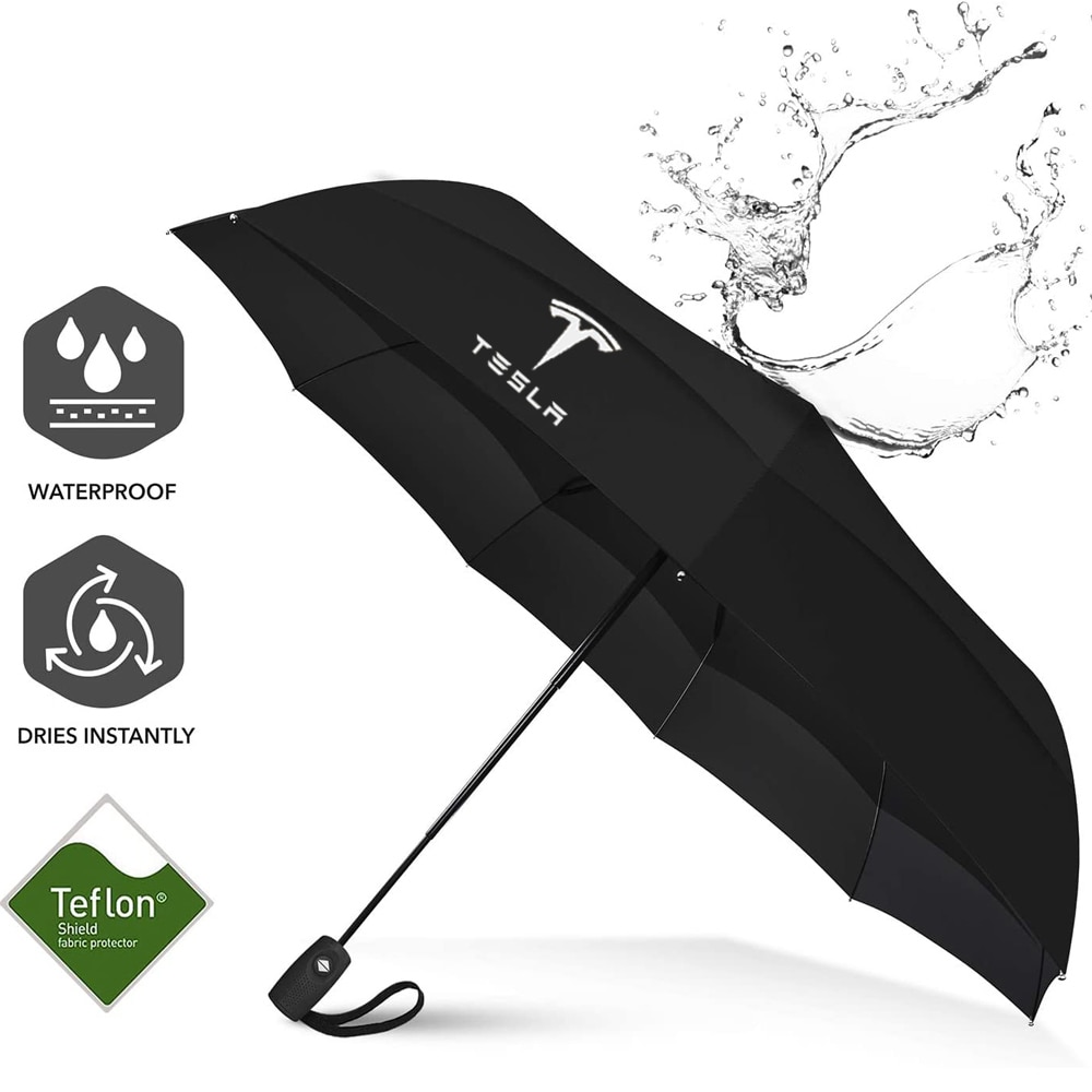 Tesla LOGO Windproof Automatic Umbrella - Ideal for Tesla Model 3, Model S, Model X Owners! ☔🚗 The ease of use with its automatic opening/closing button makes it the perfect companion for unpredictable weather. Whether I'm running errands or heading out for a drive, this umbrella is a must-have. The classic black style with the Tesla logo adds a touch of sophistication, and the portable design makes it easy to carry everywhere. It's more than just an umbrella; it's a stylish statement and a practical solution for staying dry on the go. Drive with confidence, rain or shine, with the Car Tesla LOGO Windproof Automatic Umbrella designed for Tesla Model 3, Model S, and Model X.